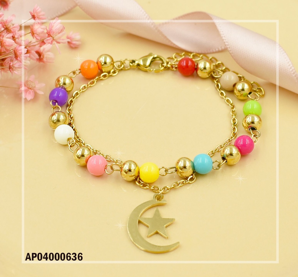 PULSERA DOBLE PELOTITAS COL. DIJE LUNA/ESTRELLA