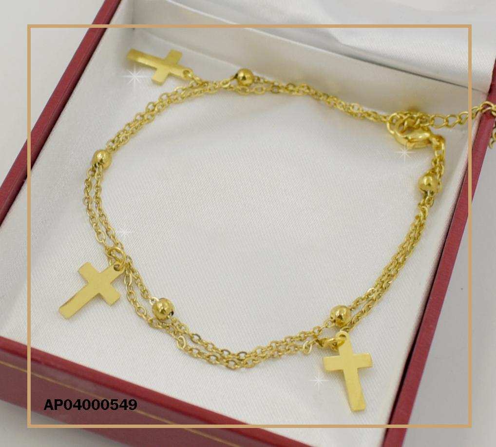 PULSERA DOBLE PELOTITAS Y CRUCES LISAS DORADAS