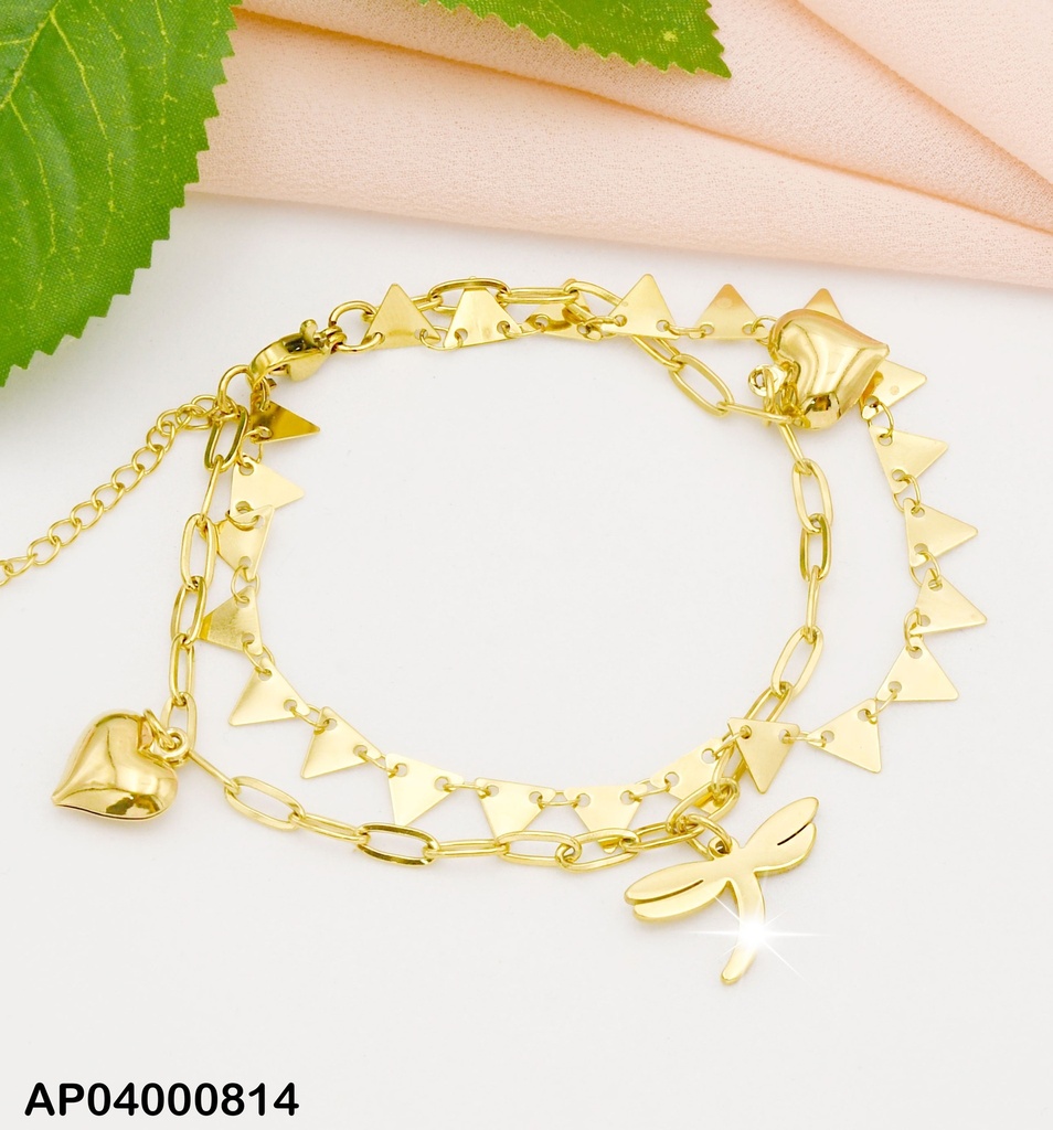 PULSERA DOBLE PLACAS TRIÁNGULOS/ESLABONES DIJES CORAZONES/LIB