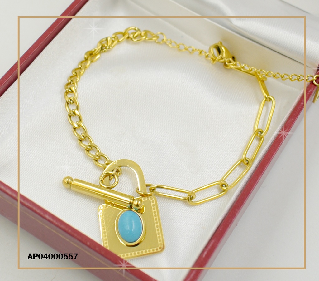 PULSERA DORADA DIJE CANDADO PIEDRA TURQUESA