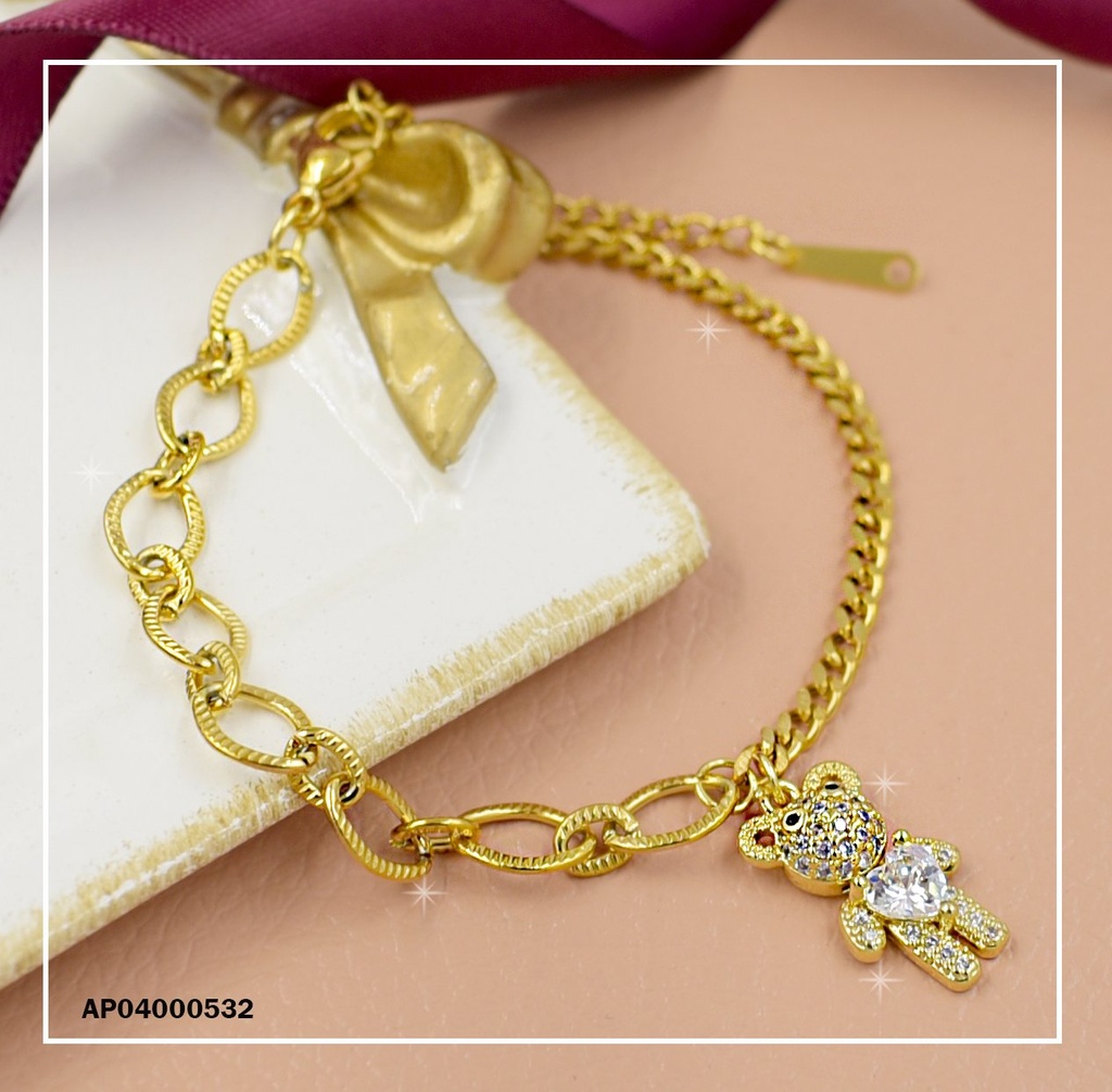 PULSERA DORADA DIJE OSISTO DE ZIRCONIAS Y ZIRC ♥ EN PECHO