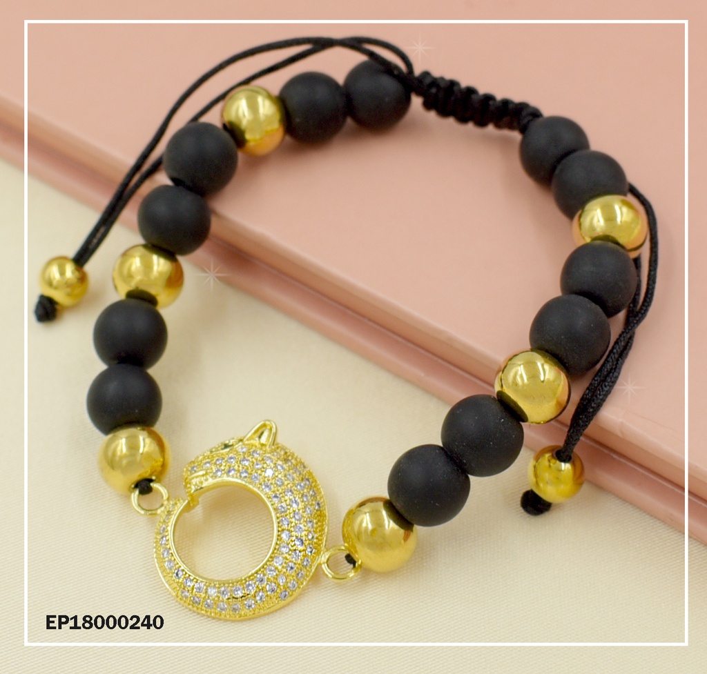 PULSERA DORADO/NEGRO/HILOS AJUSTABLES DIJE TIGRE ZIRCONIAS