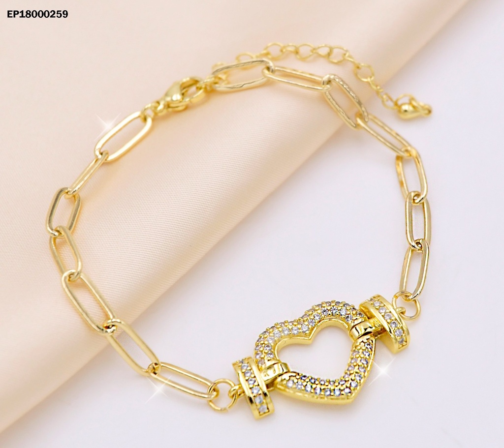 PULSERA ESLABON ALARGADO DIJE CROQUI CORAZÓN C/ZIRCONIAS