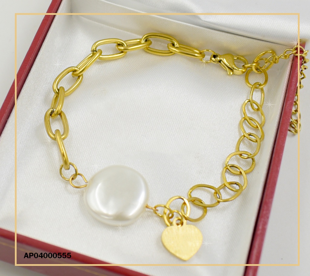 PULSERA ESLABONES DIFERENTES DIJE REDONDO CONCHA NÁCAR