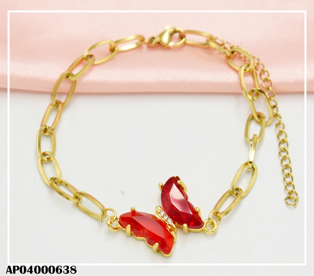 PULSERA ESLABONES GRANDES DIJE MARIPOSA ROJ