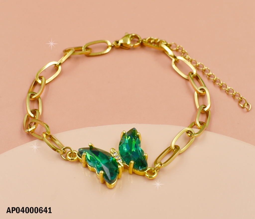 PULSERA ESLABONES GRANDES DIJE MARIPOSA VERDE OSCURA