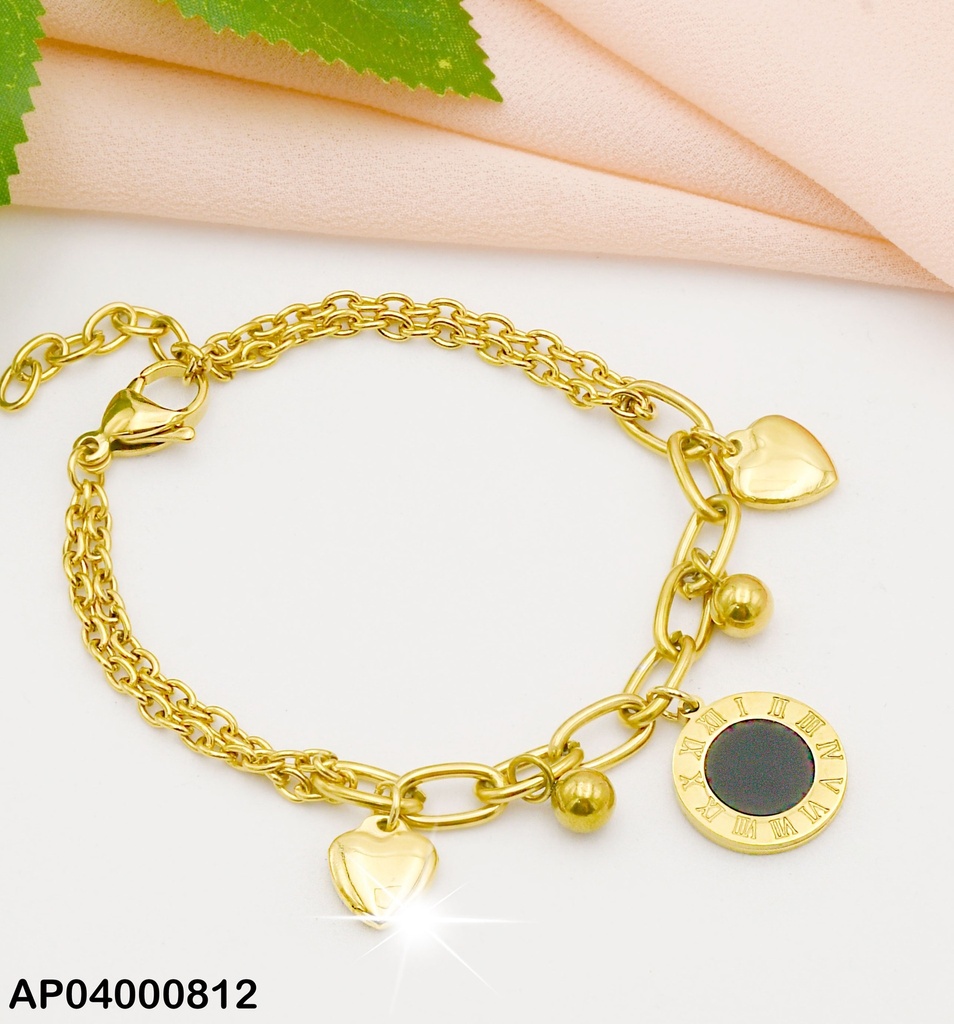PULSERA ESLBANOES GRANDES DIJES:CORAZONES INF/ESFERAS/PLACA RD NEGRA