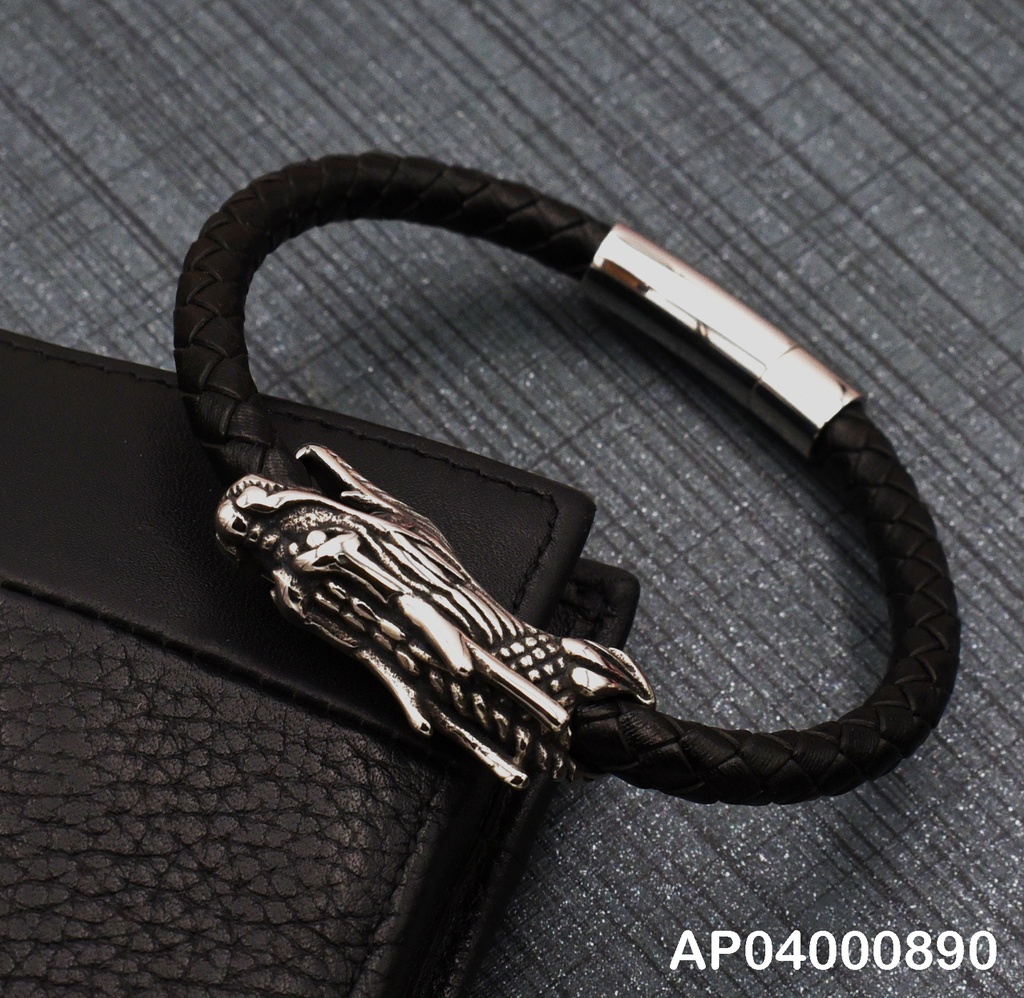 PULSERA FINA CUERO-PLATEADO PARA VARÓN DRAGÓN