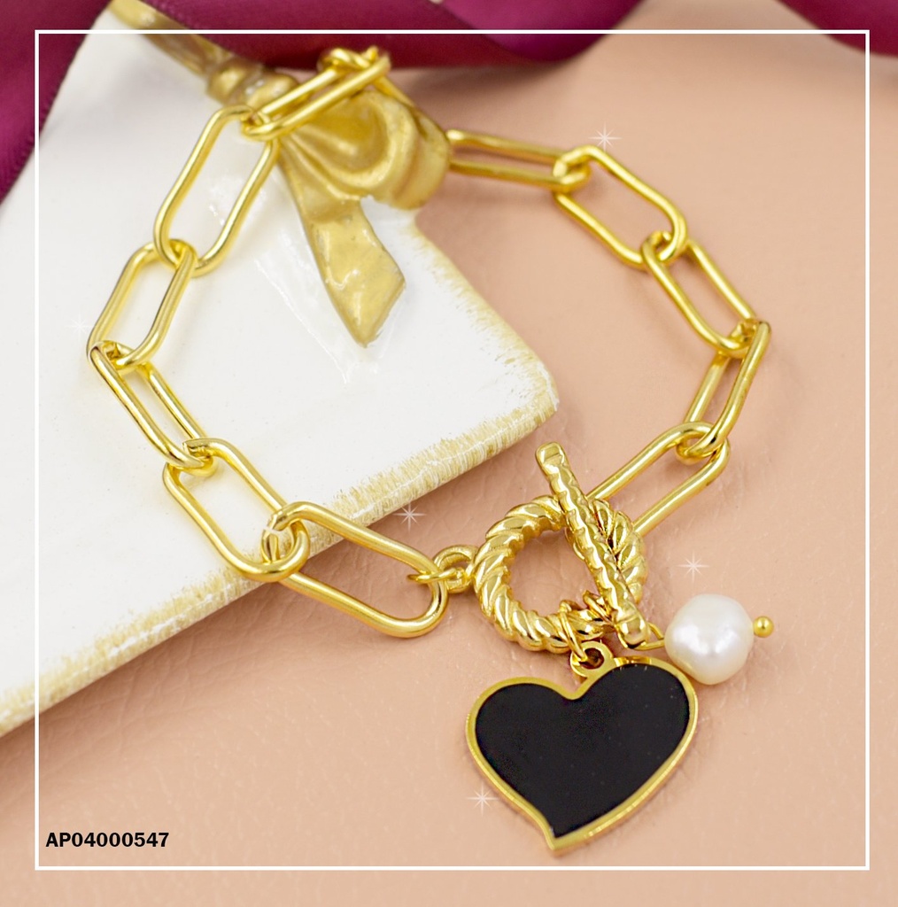 PULSERA GRUESA DIJE CORAZÓN NEGRO Y PERLITA