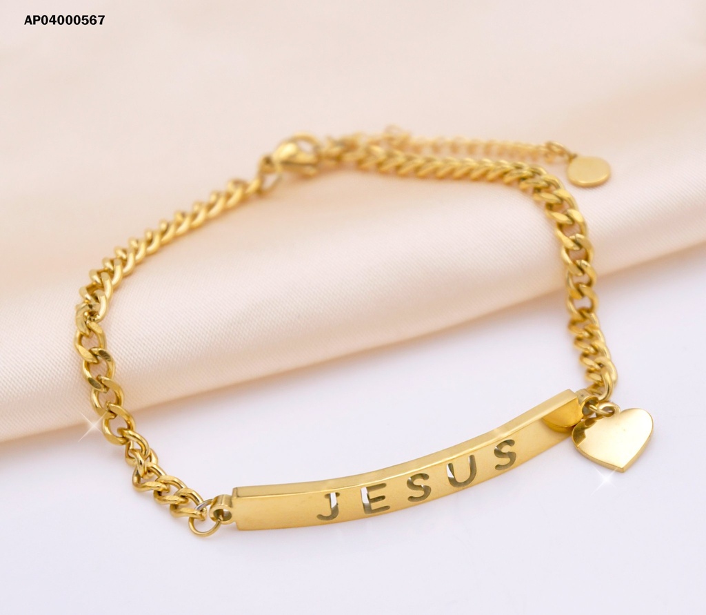 PULSERA MARTILLADA PLACA "JESUS" DIJE CORAZÓN