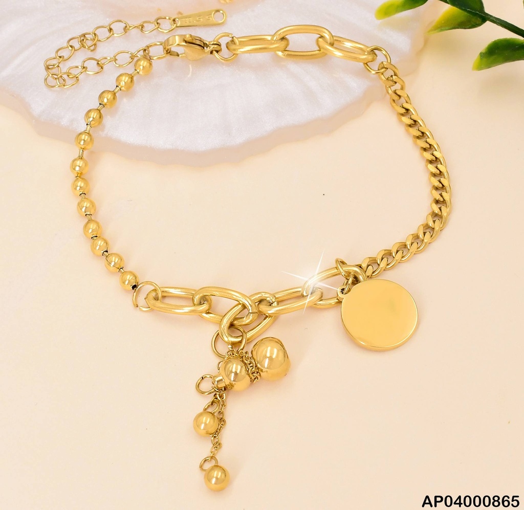 PULSERA MARTILLADA/ESFERAS DIJE:PLACA RD/ESFERA DORADA