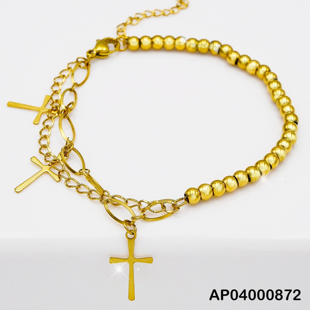 PULSERA MITAD ESFERAS DOR/DOBLE DIJES CRUCES LISAS