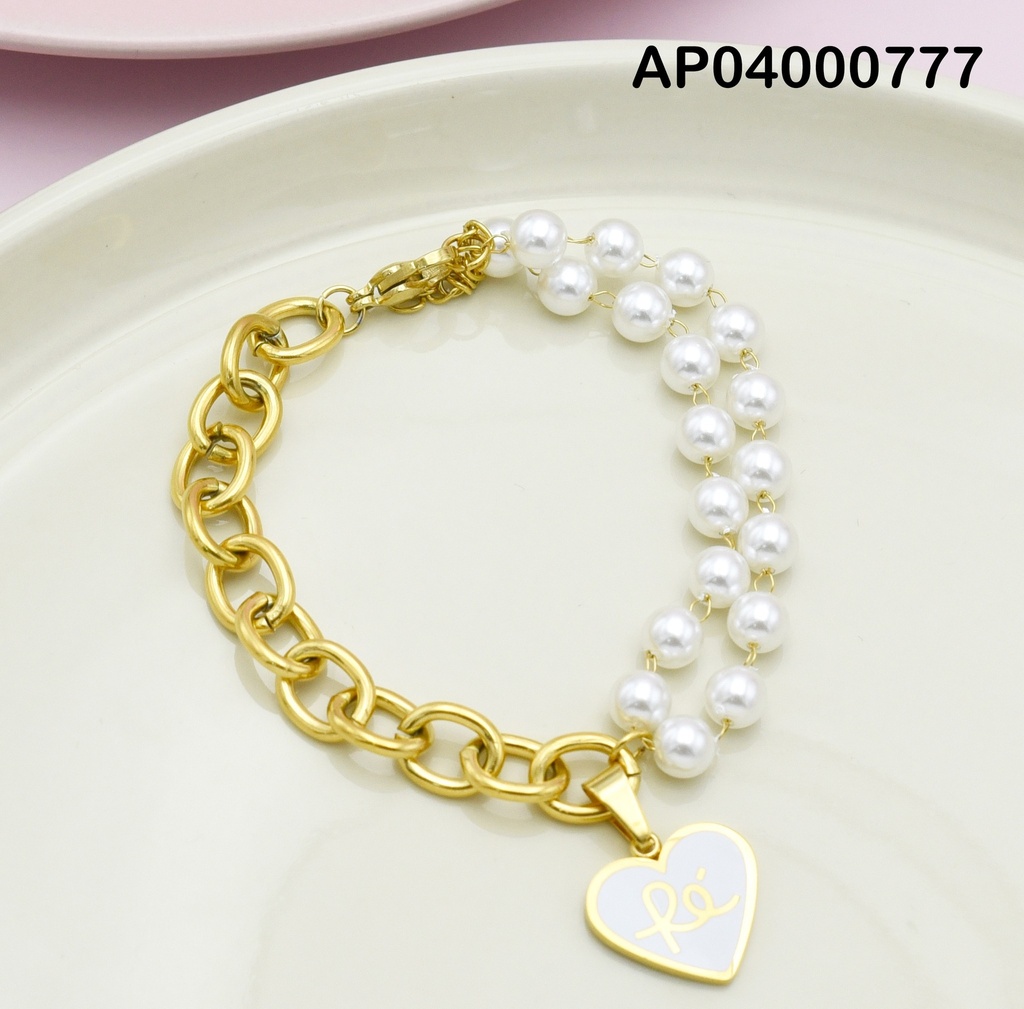 PULSERA MITAD ESLABONES/MITAD DOBLE PERLAS🤍"FÉ"