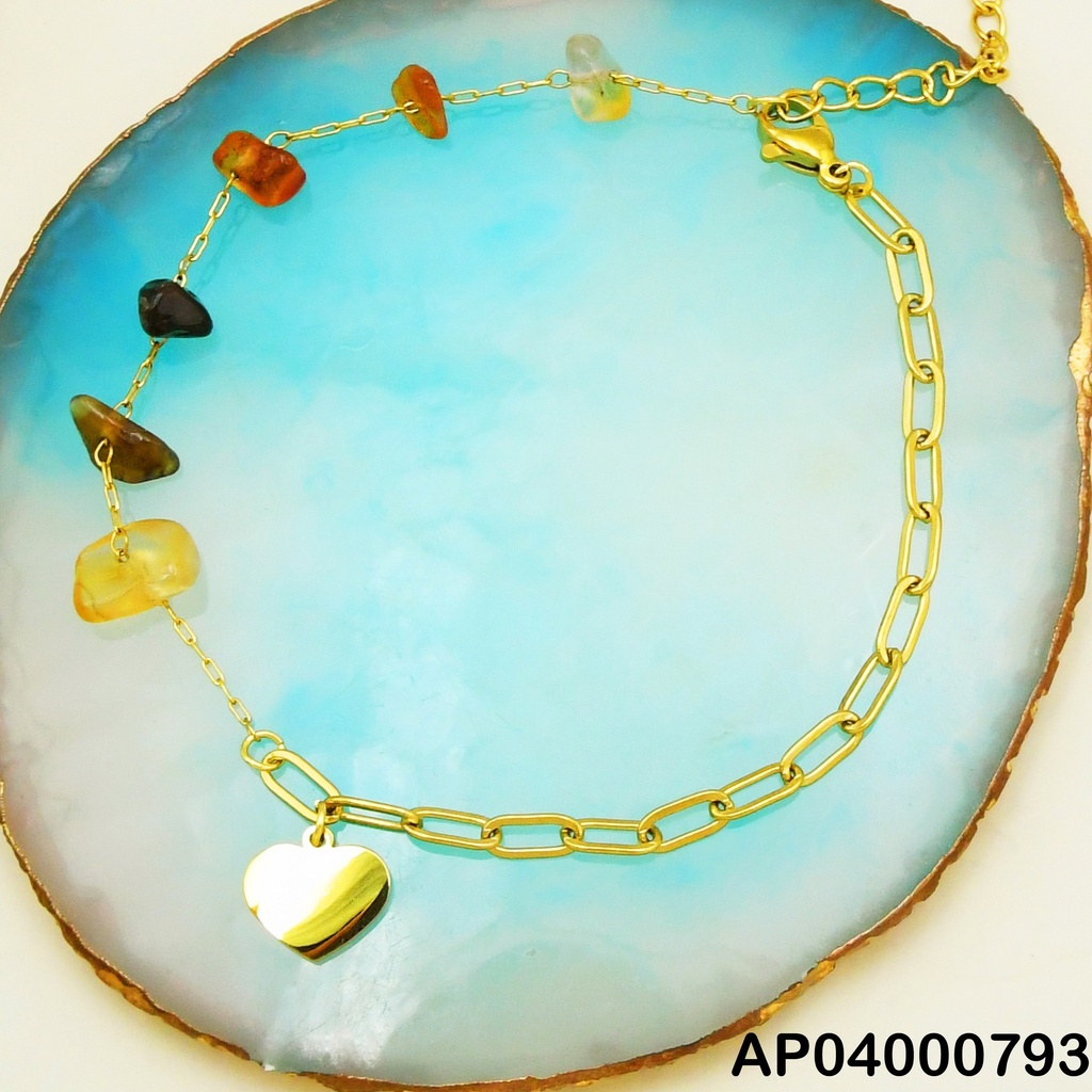 PULSERA MITAD ESLABONES/PIEDRAS COL.DIJE PLACA CORAZÓN