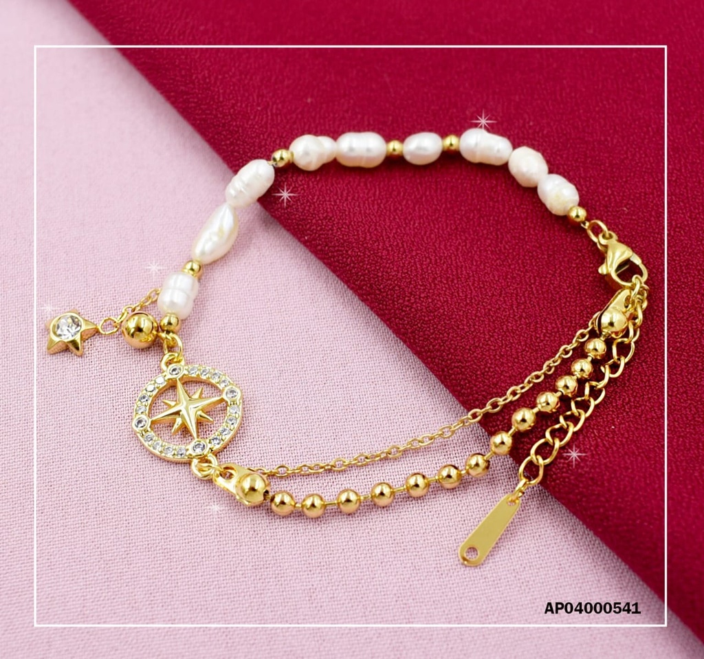 PULSERA MITAD PELOTITAS BLANCAS/DORADA DIJE CÍRCULO ESTRELLA CENTRO