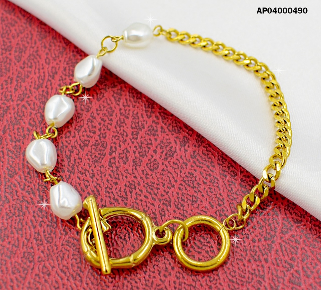 PULSERA MITAD PERLAS MITAD CADENA DORADA DIJE CÍRCULO