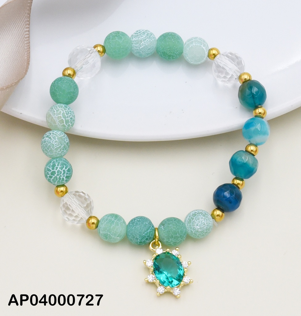 PULSERA PELOTAS AZULES/VERDES/CRISTAL DIJE ZIRC.OVAL