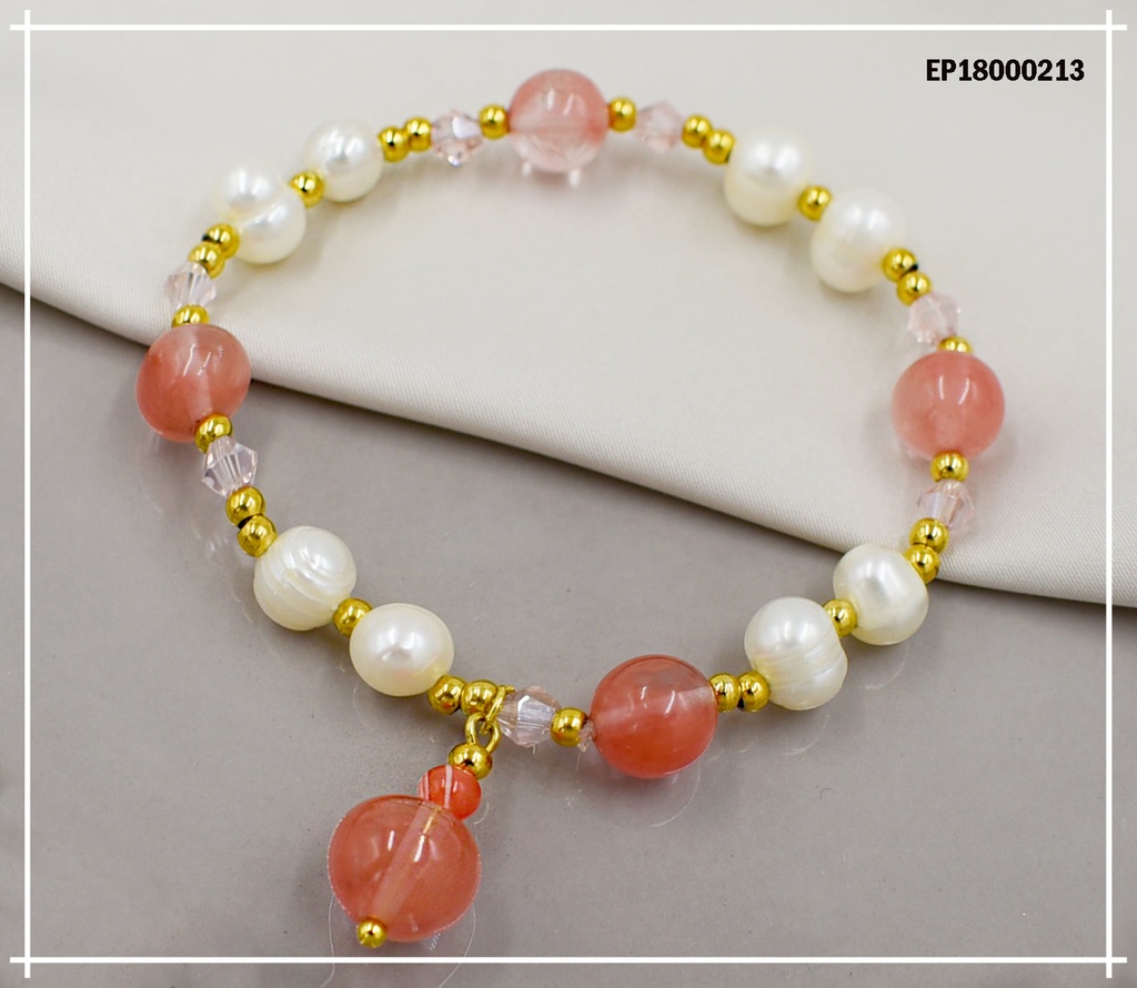 PULSERA PELOTAS BLANCAS/ROSADAS C/COLGANTE ROSADO