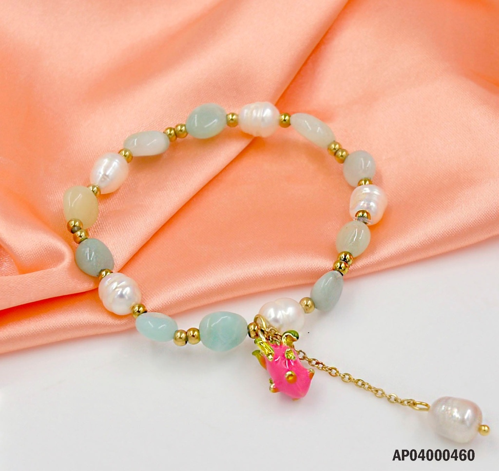 PULSERA PELOTAS VERDES/BLANCAS DIJE PITAHAYA