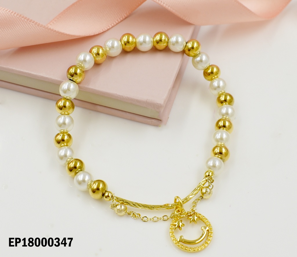 PULSERA PELOTITAS BLANCAS/DORADAS DIJE 🙂