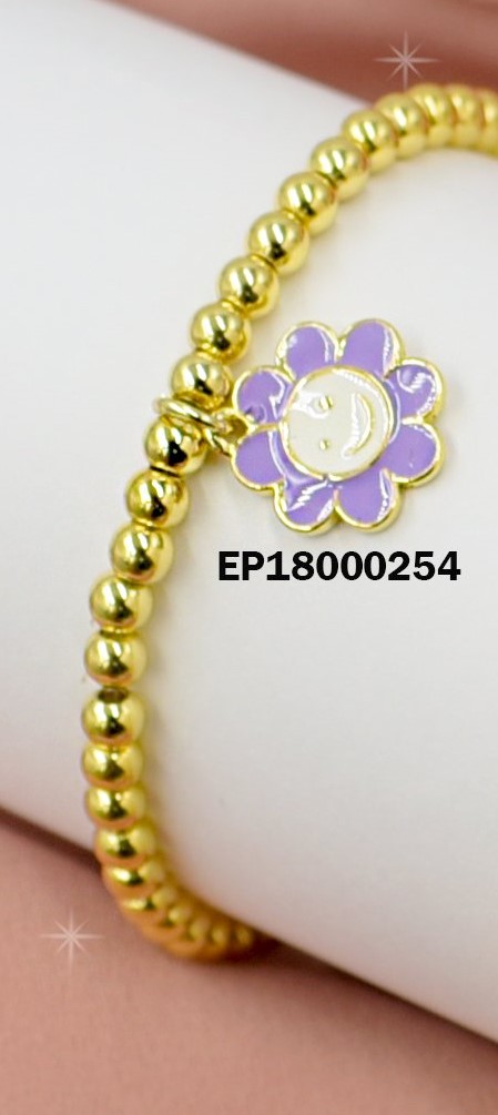 PULSERA PELOTITAS DIJE FLOR PETÁLOS MORADOS