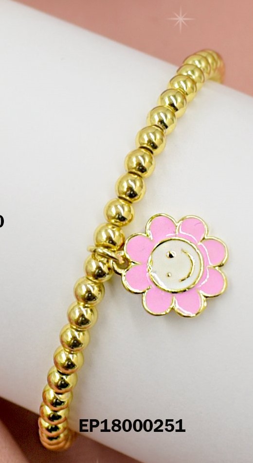 PULSERA PELOTITAS DIJE FLOR PETÁLOS ROSADOS