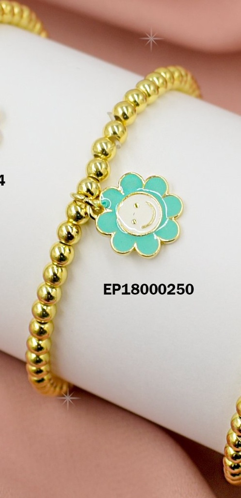 PULSERA PELOTITAS DIJE FLOR PETÁLOS TURQUESAS
