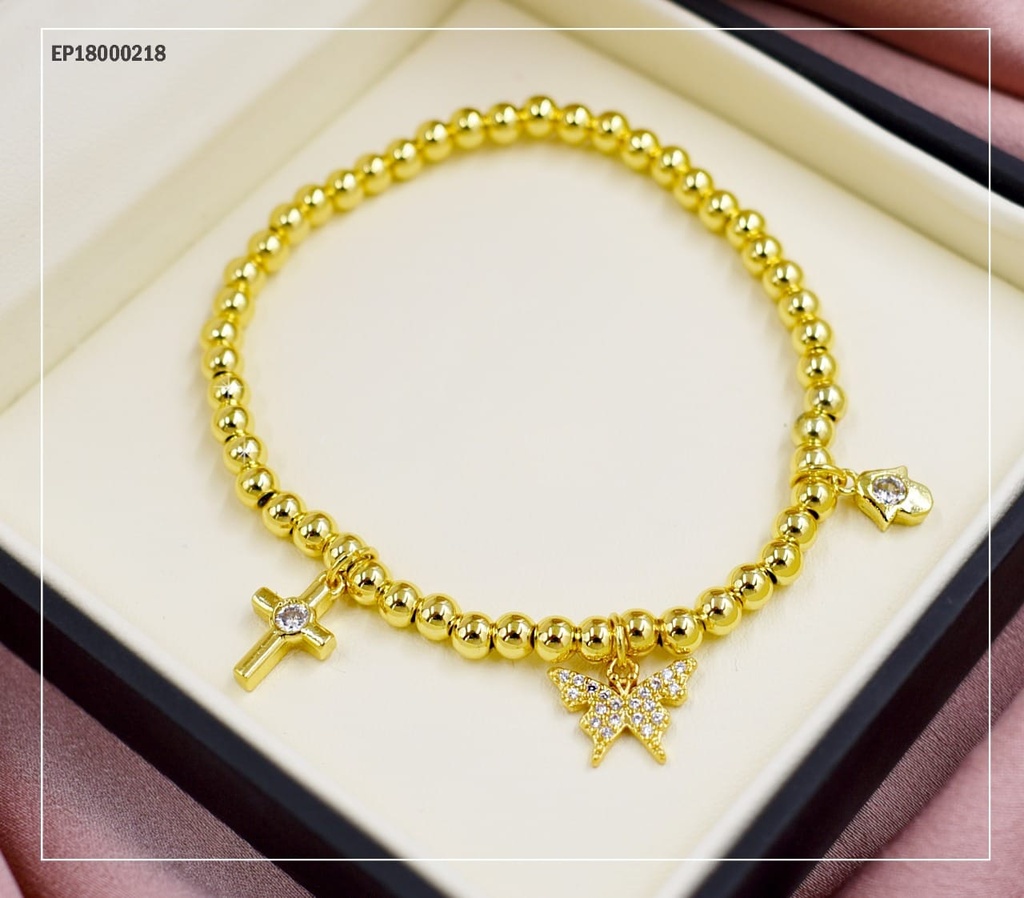 PULSERA PELOTITAS DIJES CRUZ/MARIPOSA ZIRCONIAS/MANITO