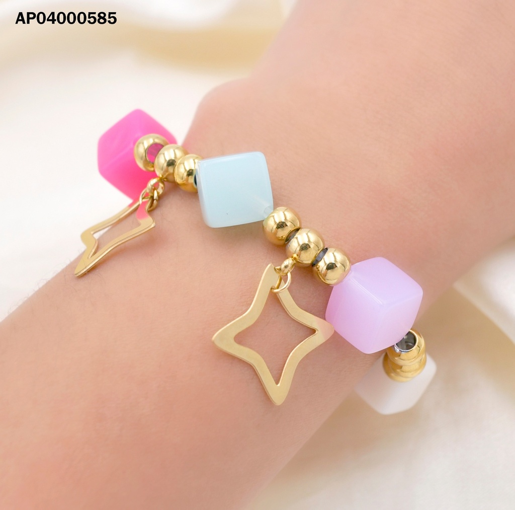 PULSERA PELOTITAS DOR, CUBOS COL. DIJES CROQUIS ESTRELLAS