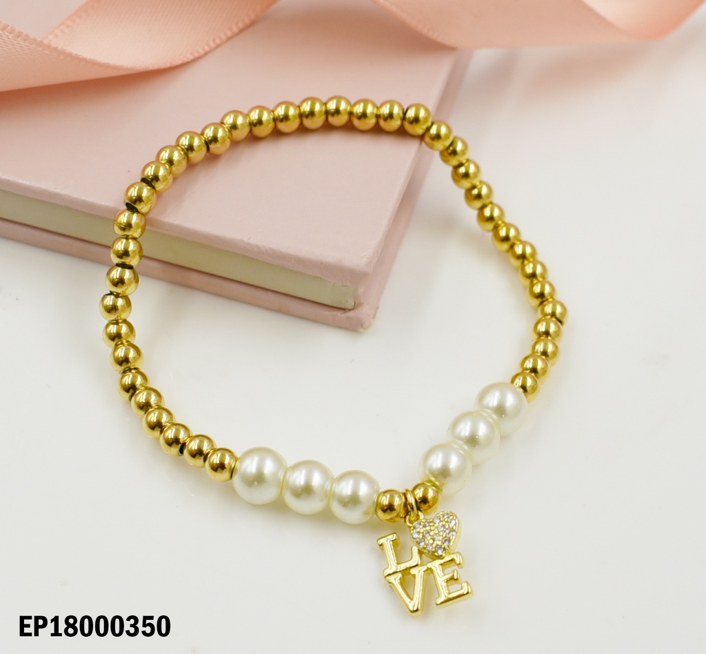 PULSERA PELOTITAS DORADAS CENTRO PERLAS DIJE "L♥VE"