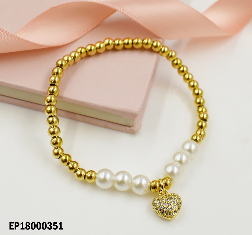 PULSERA PELOTITAS DORADAS CENTRO PERLAS DIJE CORAZÓN ZIRCONIAS