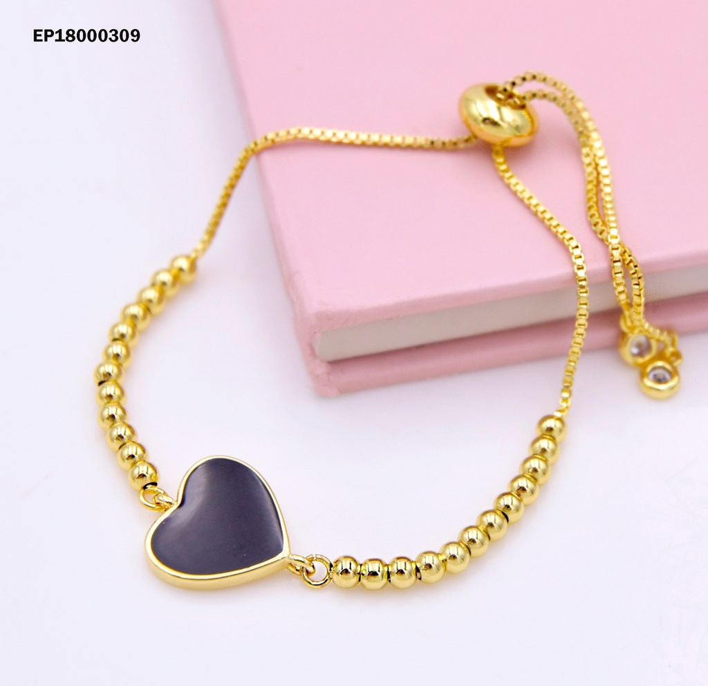PULSERA PELOTITAS DORADAS DIJE CORAZÓN NEGRO HORIZONTAL