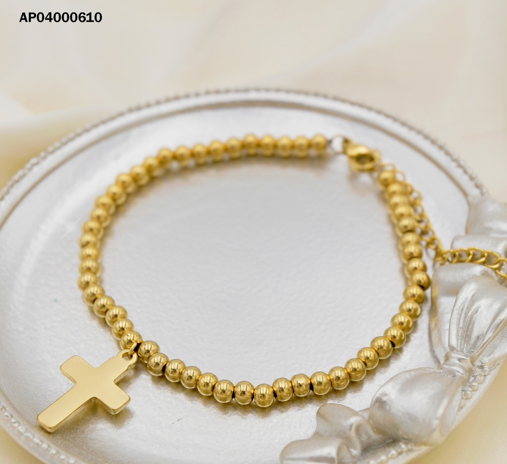 PULSERA PELOTITAS DORADAS DIJE CRUZ GRANDE LISA