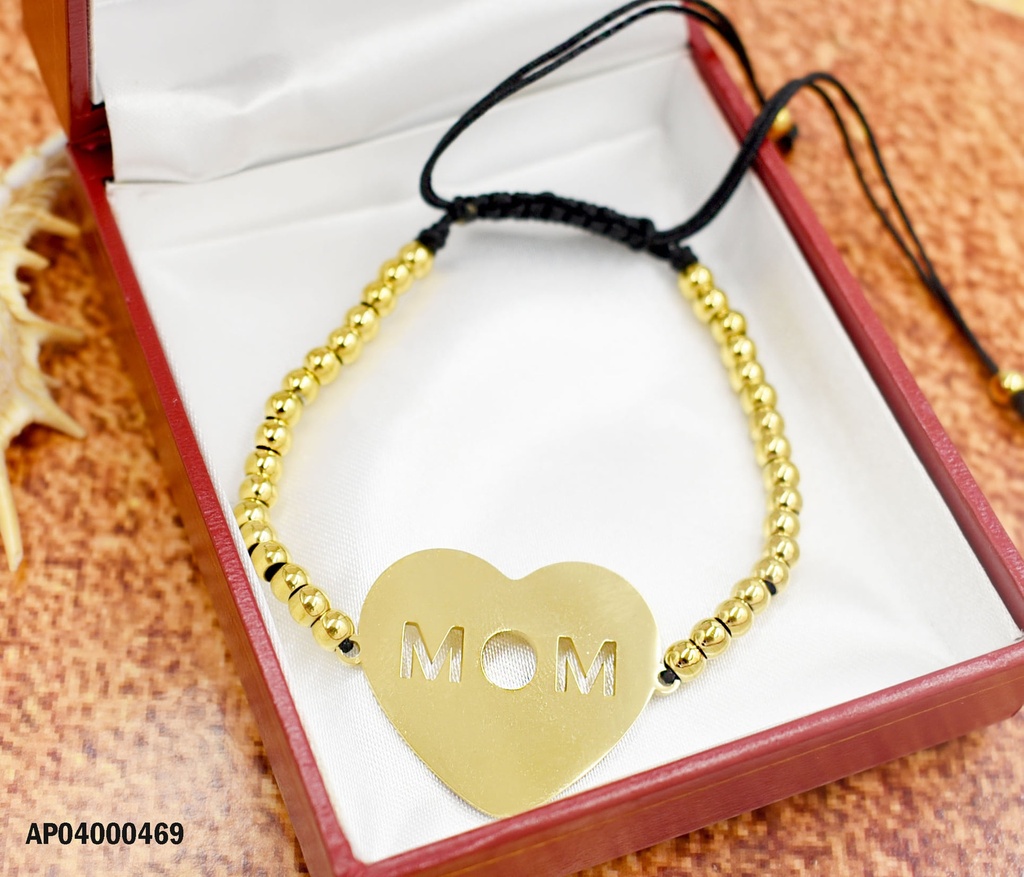 PULSERA PELOTITAS DORADAS EN HILO NEGRO,DIJE ♥ "MOM"