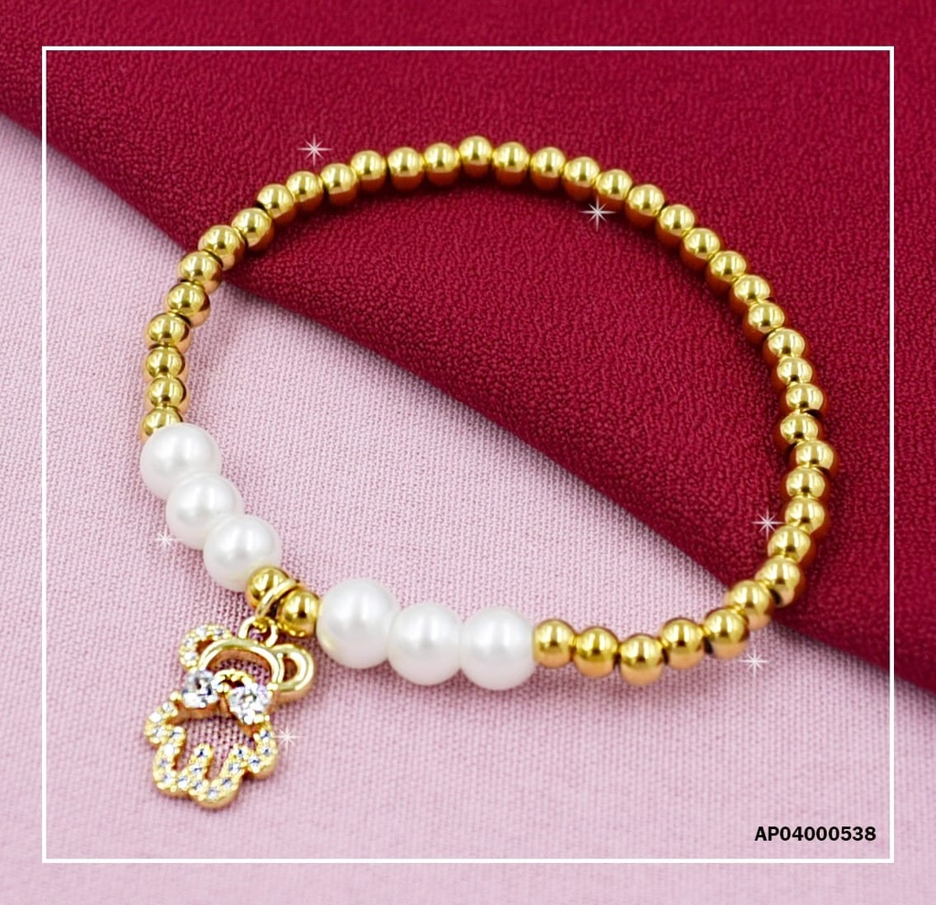 PULSERA PELOTITAS DORADAS, BLANCAS AL CENTRO, DIJE ESTRUCTURA OSO