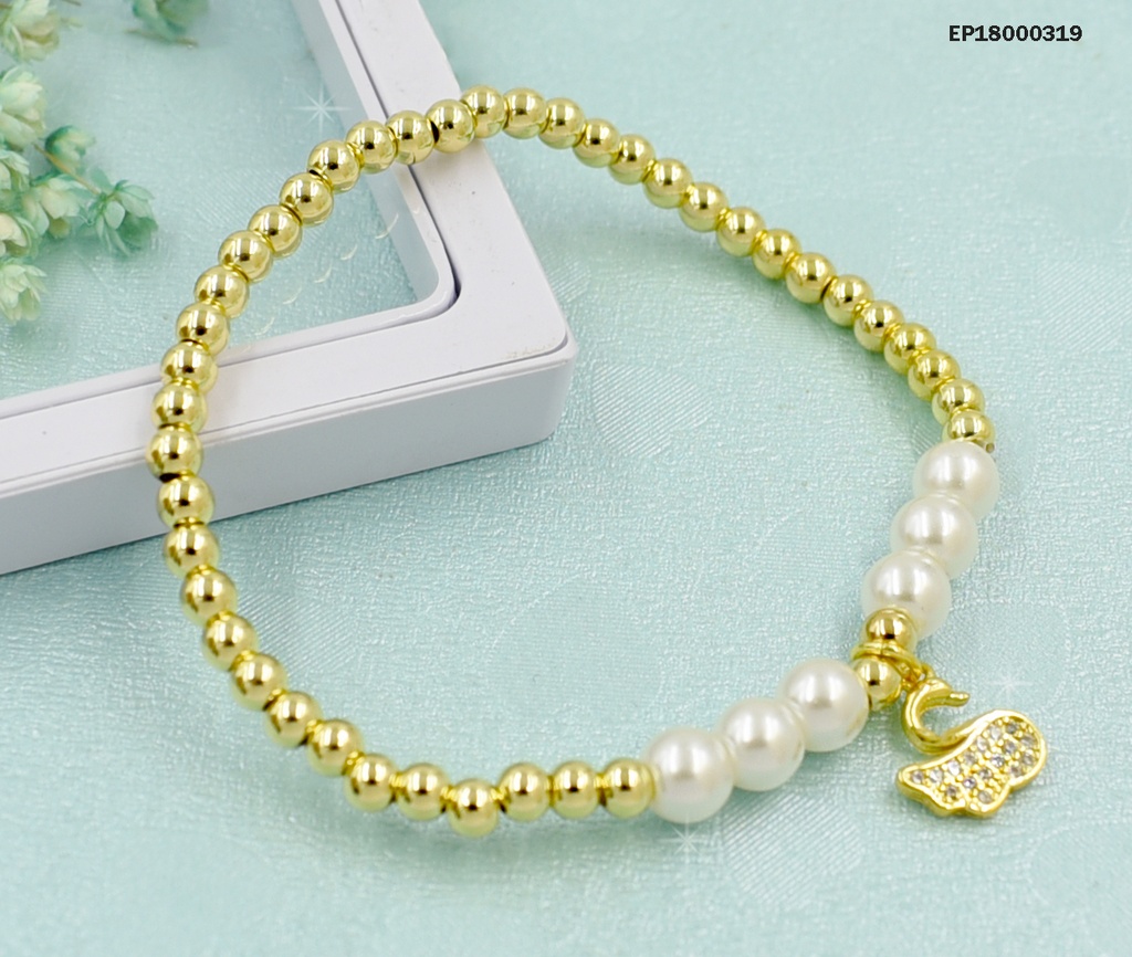 PULSERA PELOTITAS DORADAS/6 PERLAS DIJE CISNE ZIRC.