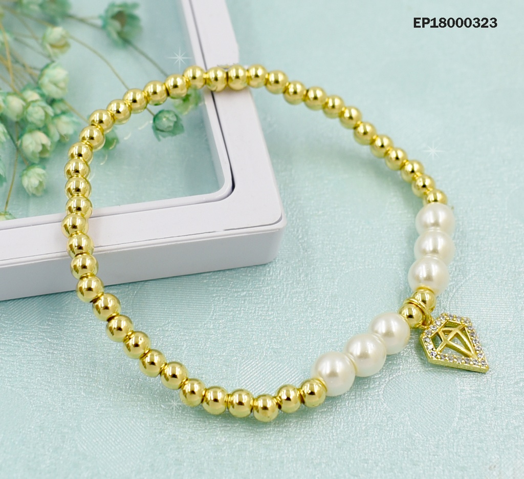 PULSERA PELOTITAS DORADAS/6 PERLAS DIJE CROQUI 💎