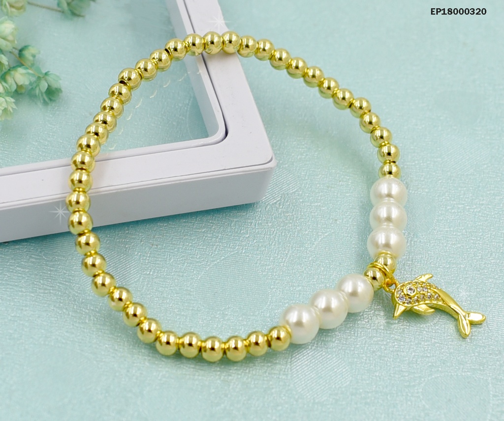 PULSERA PELOTITAS DORADAS/6 PERLAS DIJE DELFÍN ZIRC.