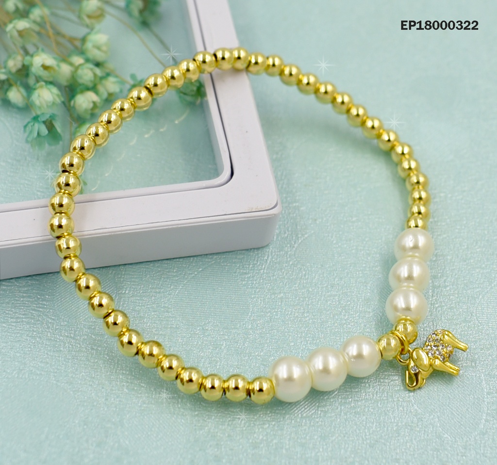 PULSERA PELOTITAS DORADAS/6 PERLAS DIJE ELEFANTE ZIRC.