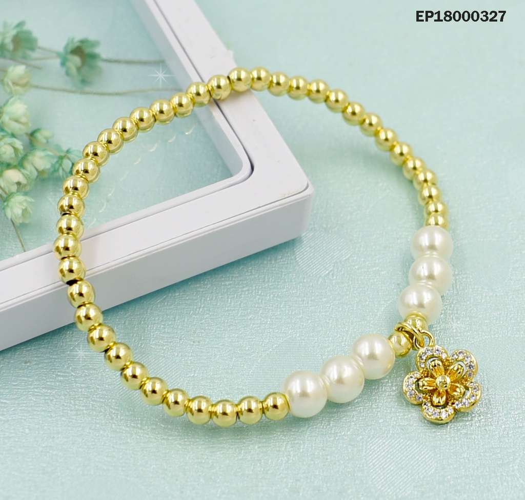 PULSERA PELOTITAS DORADAS/6 PERLAS DIJE FLOR