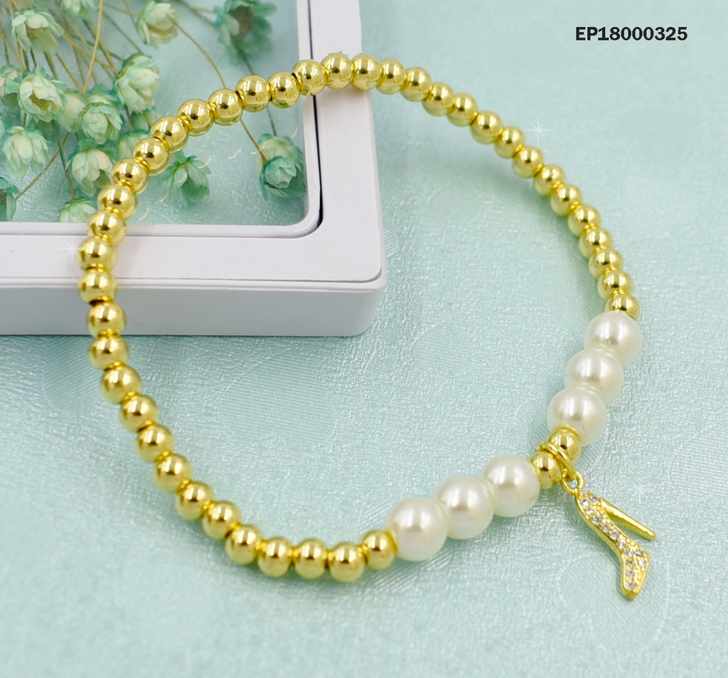 PULSERA PELOTITAS DORADAS/6 PERLAS DIJE 👠