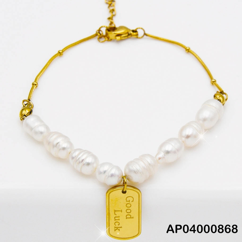 PULSERA PERLAS CULTIVADAS DIJE PLACA MILITAR"GOOD LUCK"
