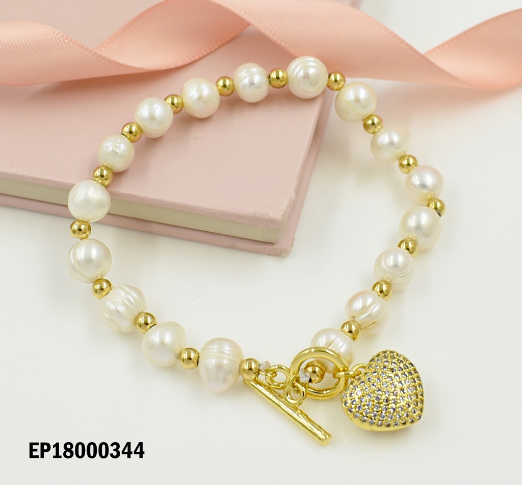 PULSERA PERLAS CULTIVADAS DIJE:CORAZÓN INFLADO ZIRC.