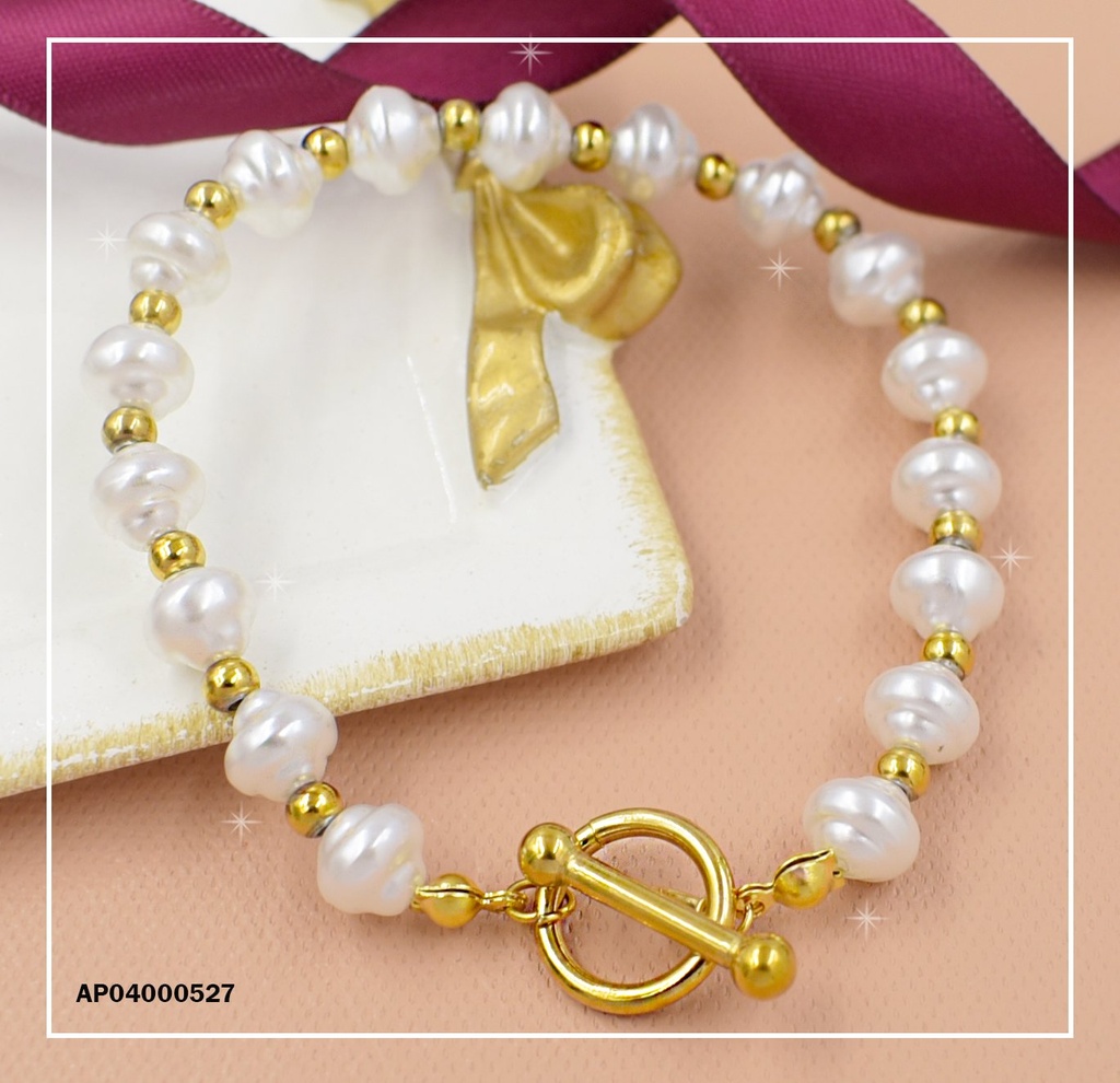PULSERA PERLAS Y PELOTITAS DORADAS