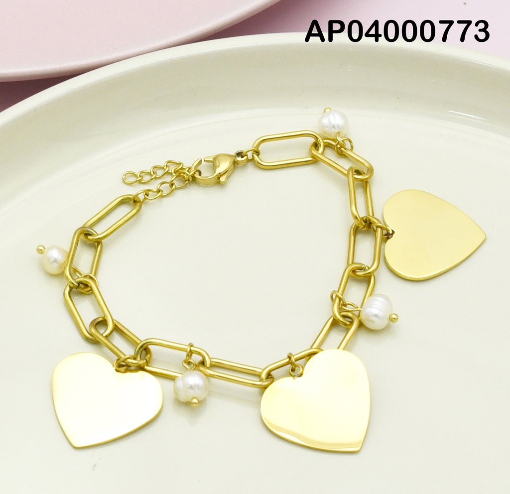 PULSERA PLACAS CORAZÓN GRANDES Y PERLAS CULTIVADAS