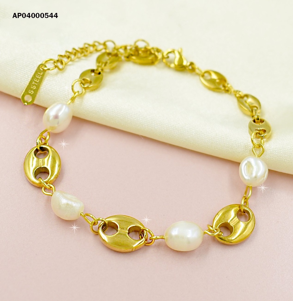 PULSERA PULSERA ESLABONES OVALOS CON DOS ORIFICIOS CILINDRO Y CORAZONES BLANCO/