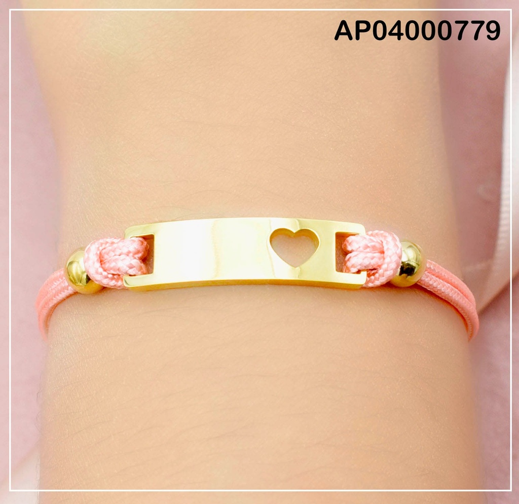 PULSERA ROSADA C/PLACA DORADA CORAZÓN CALADO