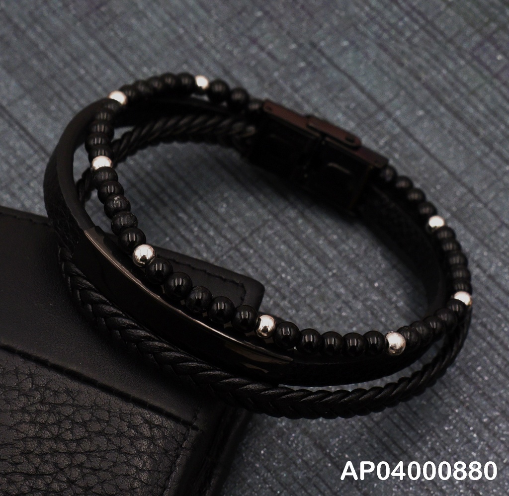 PULSERA TRIPLE CUERO-ACERO PARA CABALLERO (PLATEADA)
