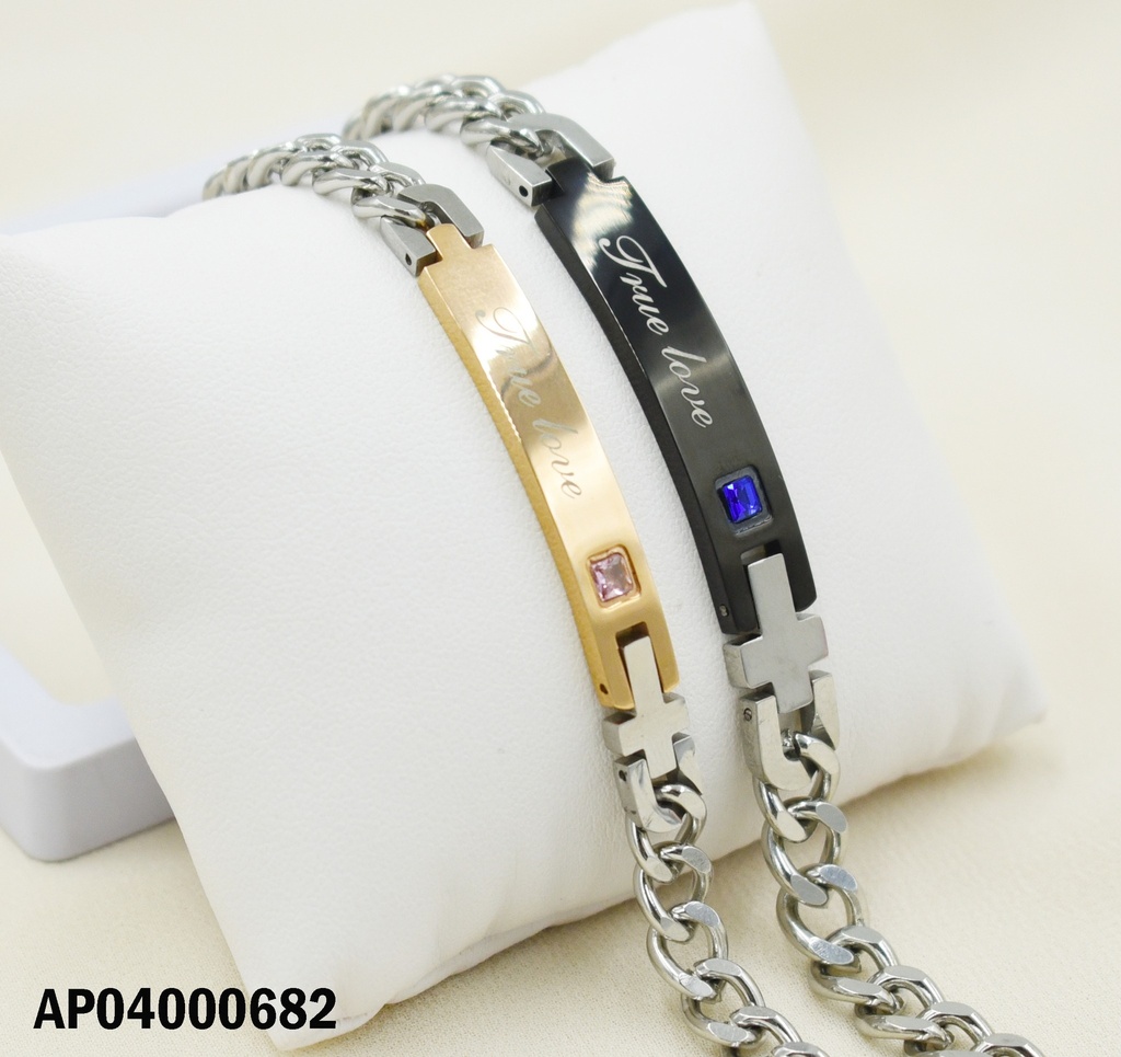 PULSERAS GRUESAS P/PAREJA 🟦 ZIRC/BRONZE⬜ZIRC ROSADA "TRUE LOVE"
