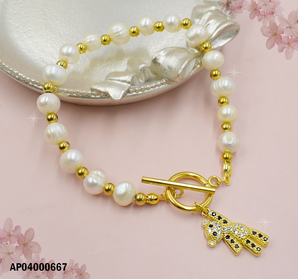 PULSERAS PERLAS CULTIVADAS DIJE OSITO ZIRC/NEGRAS AGARRADO